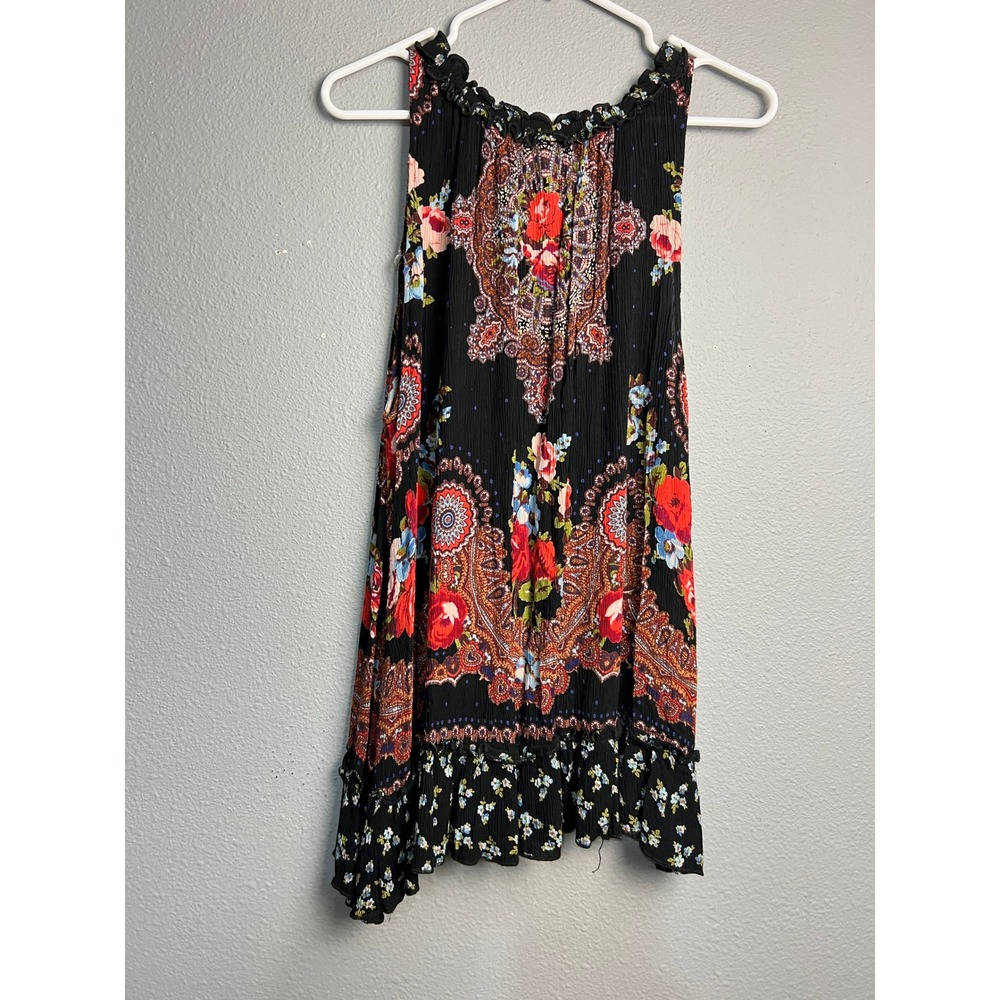 Bila Womens XL Boho Retro Floral Paisley Crinkle Rayon Ruffle Tunic Top Festival - Picture 4 of 9